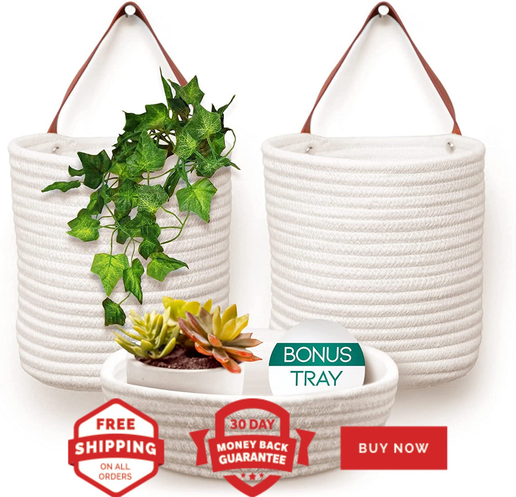 Wall Hanging Basket Storage 3pc set, 2 Lilycroft White Hanging Baskets for Organizing with Extra Tabletop Basket